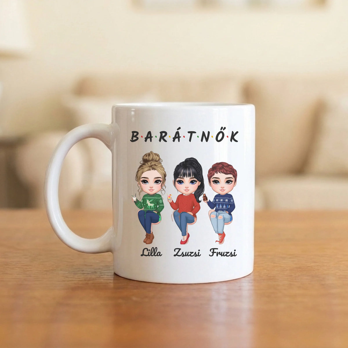 BARÁTNŐK karácsonyi pulcsiban – barátnős bögre 2–5 figurával és nevekkel