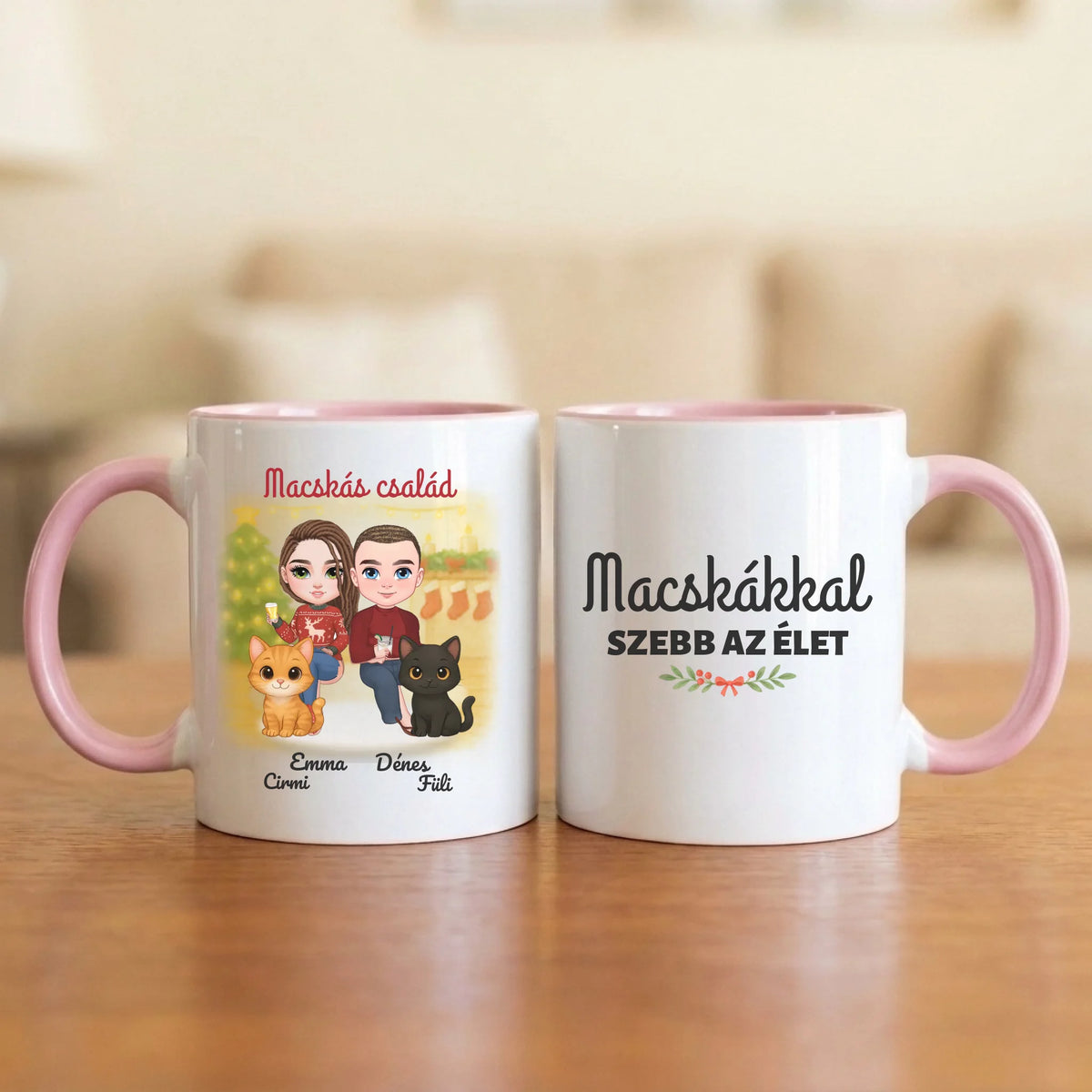 Macskákkal szebb az élet – karácsonyi páros bögre két figurával, cicákkal és nevekkel