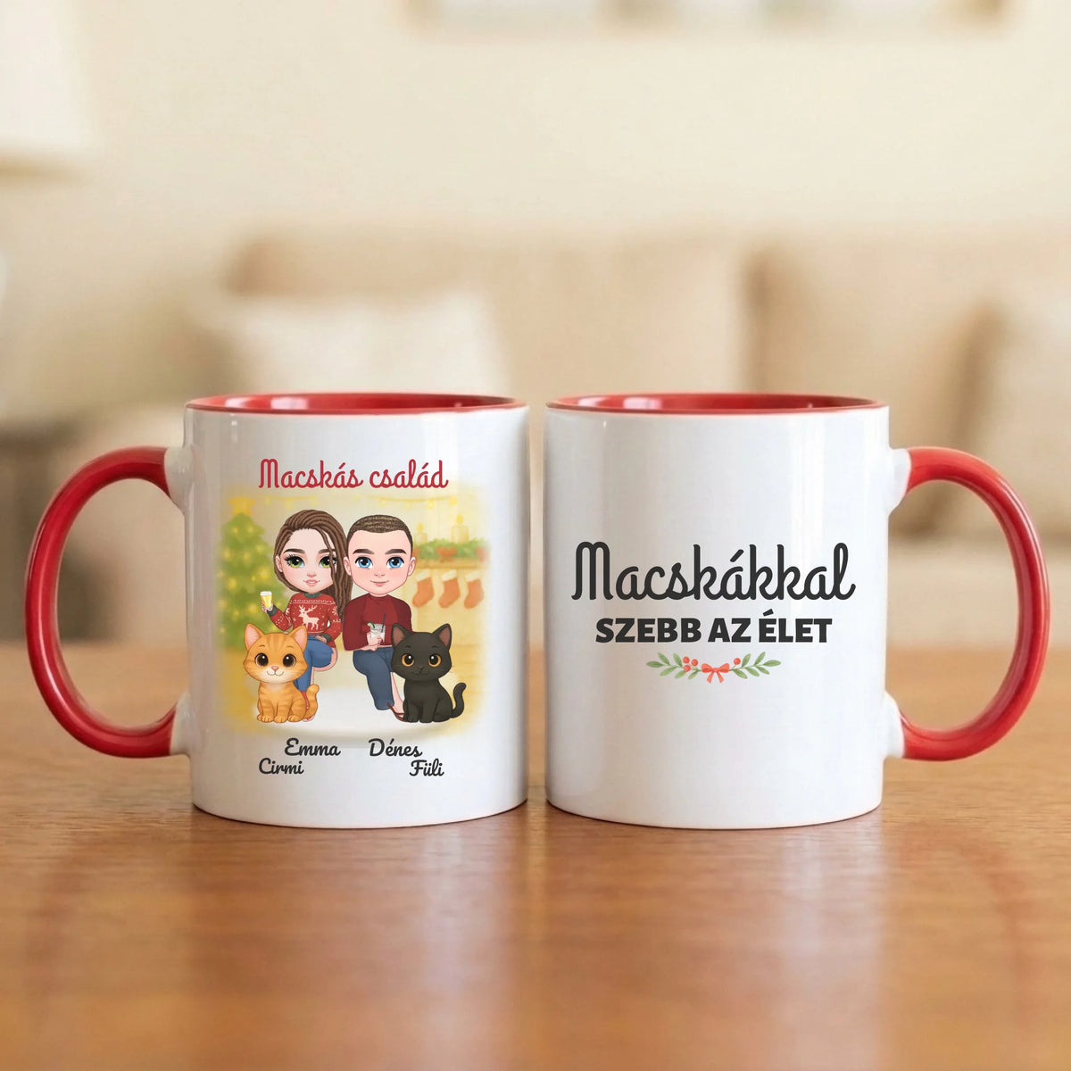 Macskákkal szebb az élet – karácsonyi páros bögre két figurával, cicákkal és nevekkel