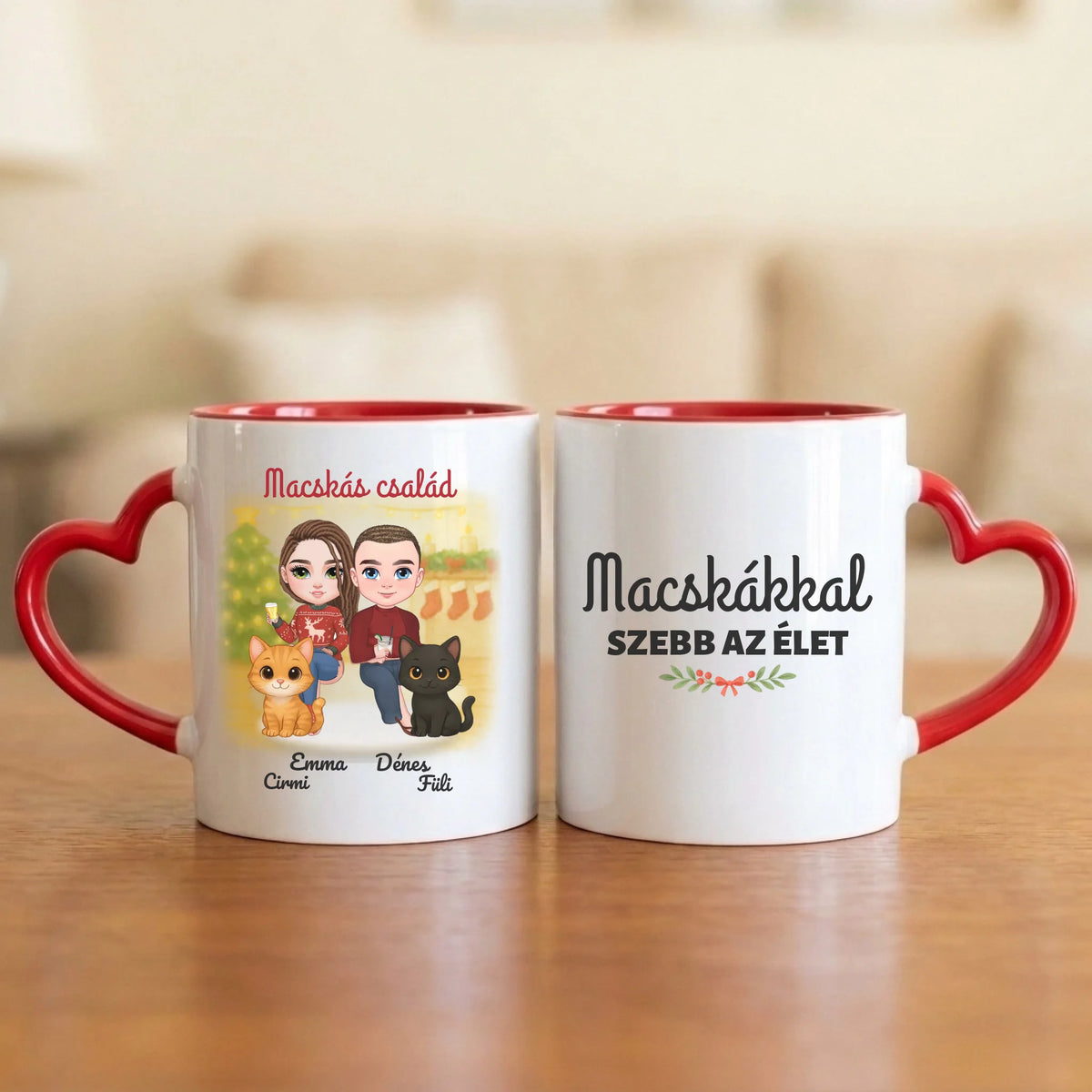 Macskákkal szebb az élet – karácsonyi páros bögre két figurával, cicákkal és nevekkel