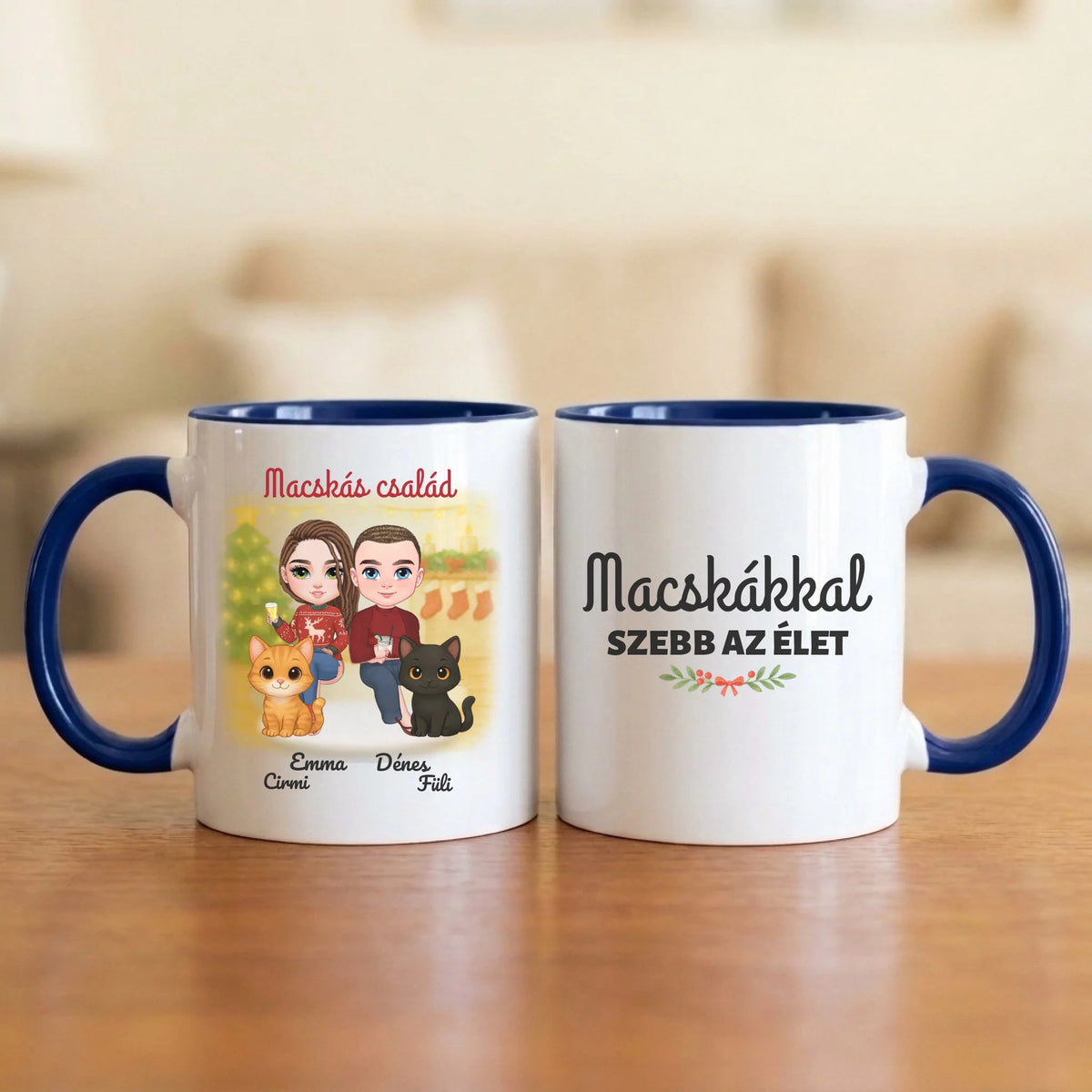 Macskákkal szebb az élet – karácsonyi páros bögre két figurával, cicákkal és nevekkel