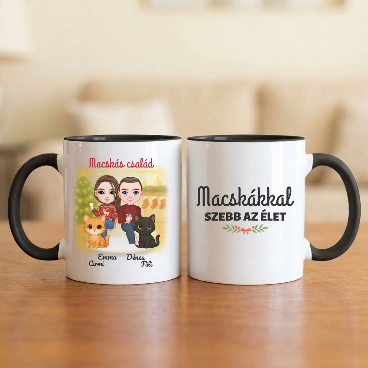 Macskákkal szebb az élet – karácsonyi páros bögre két figurával, cicákkal és nevekkel