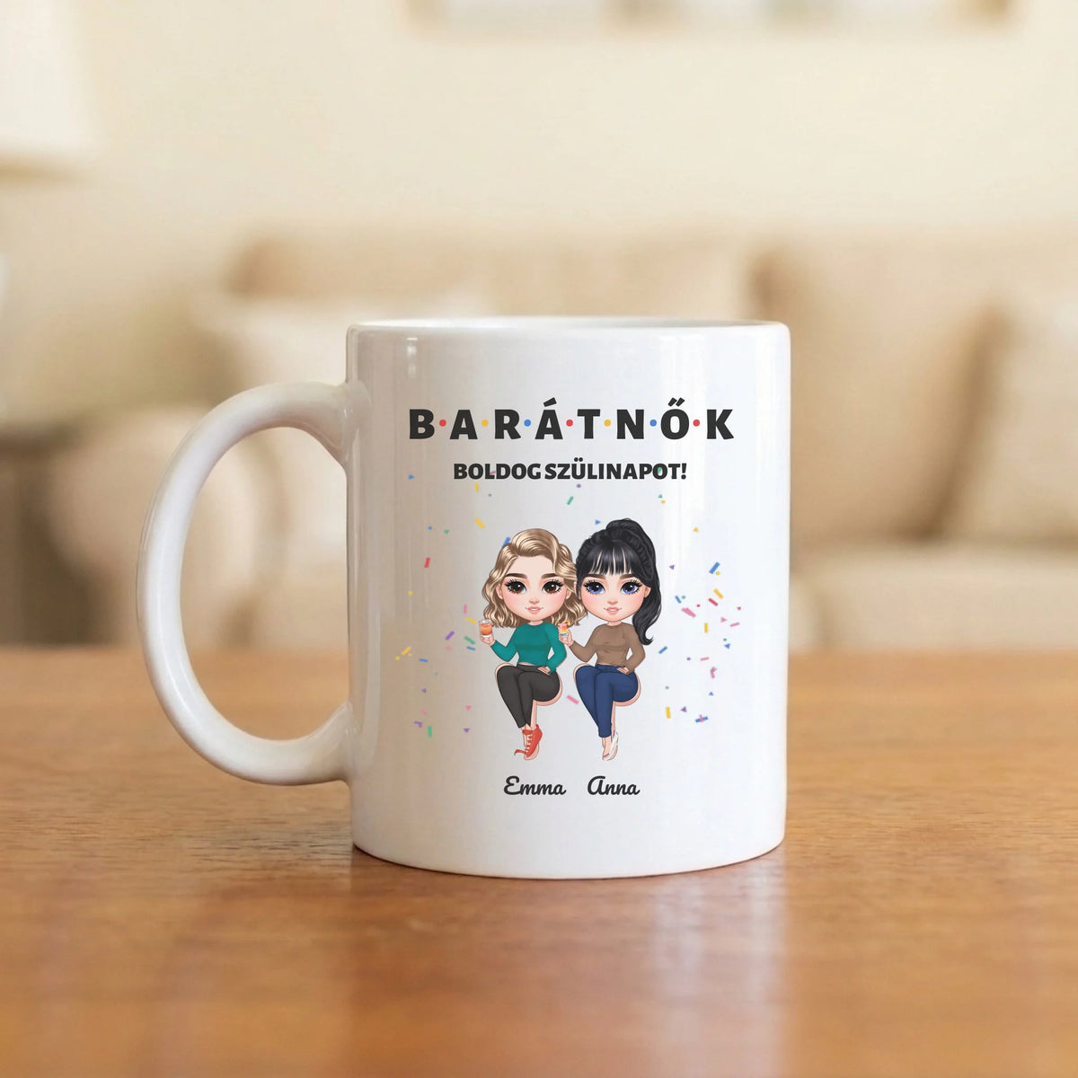 BARÁTNŐK – boldog szülinapot! – bögre két figurával és nevekkel