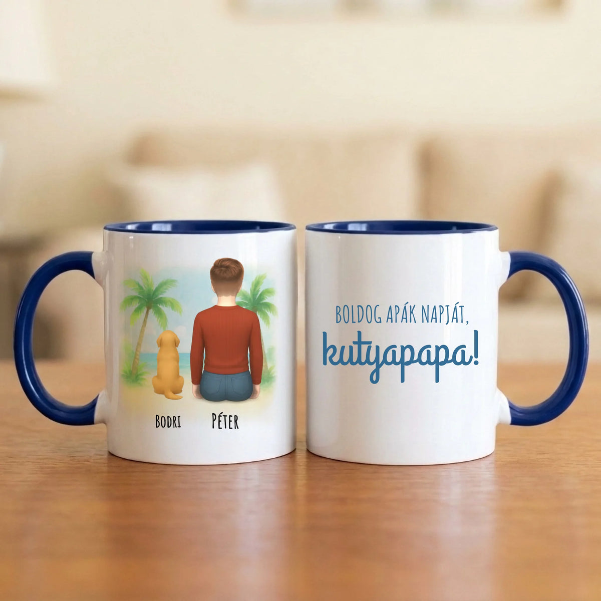 Boldog apák napját, kutyapapa! – bögre 1–4 kutyával, tengerparti háttérrel