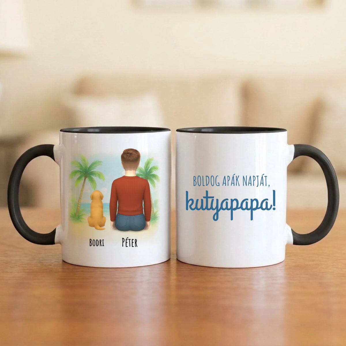 Boldog apák napját, kutyapapa! – bögre 1–4 kutyával, tengerparti háttérrel