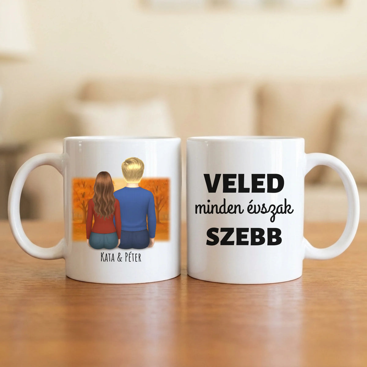 Veled minden évszak szebb – őszi páros bögre hátulról rajzolt párral a parkban