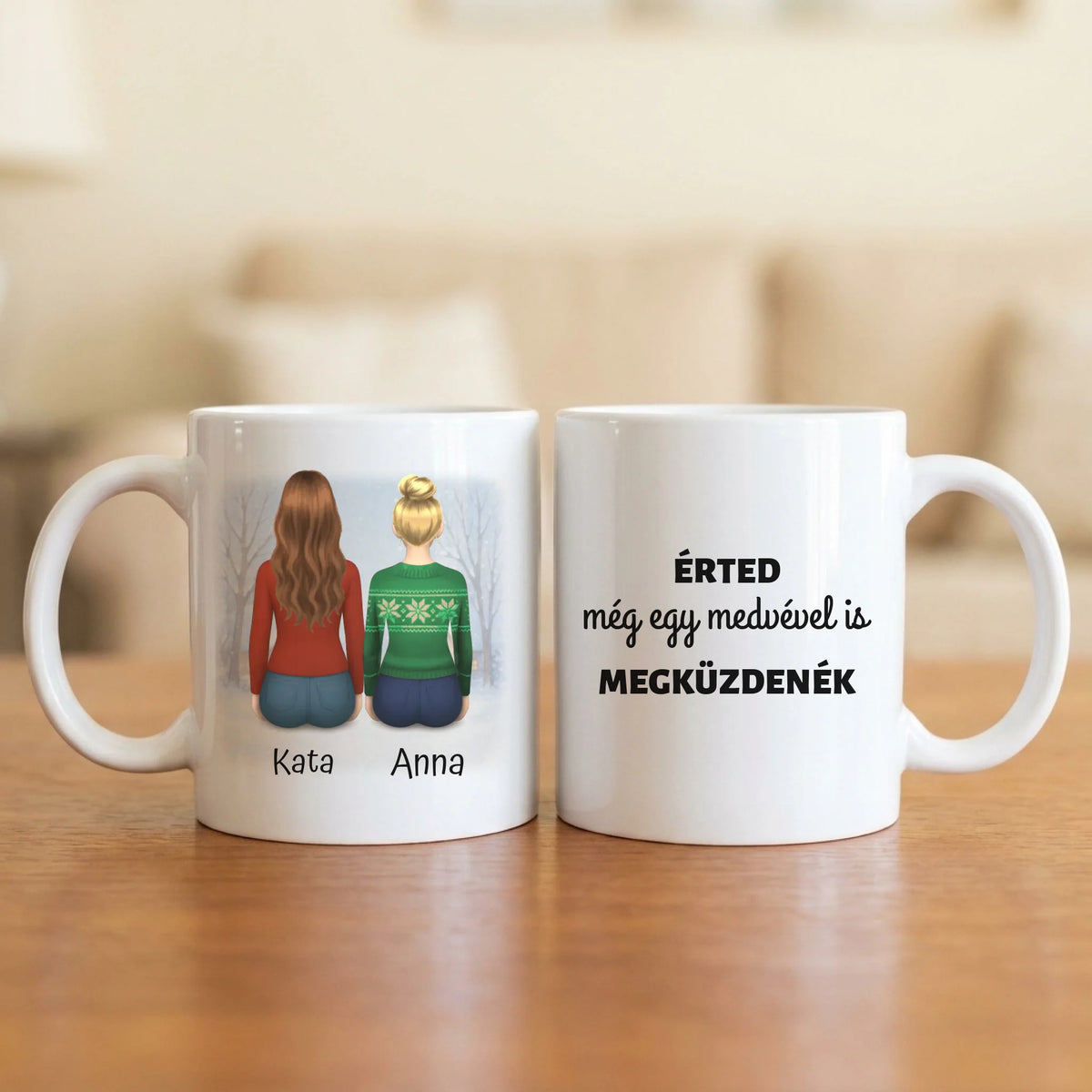 Érted még egy medvével is megküzdenék – barátnős bögre 2–7 hátulról rajzolt figurával és nevekkel