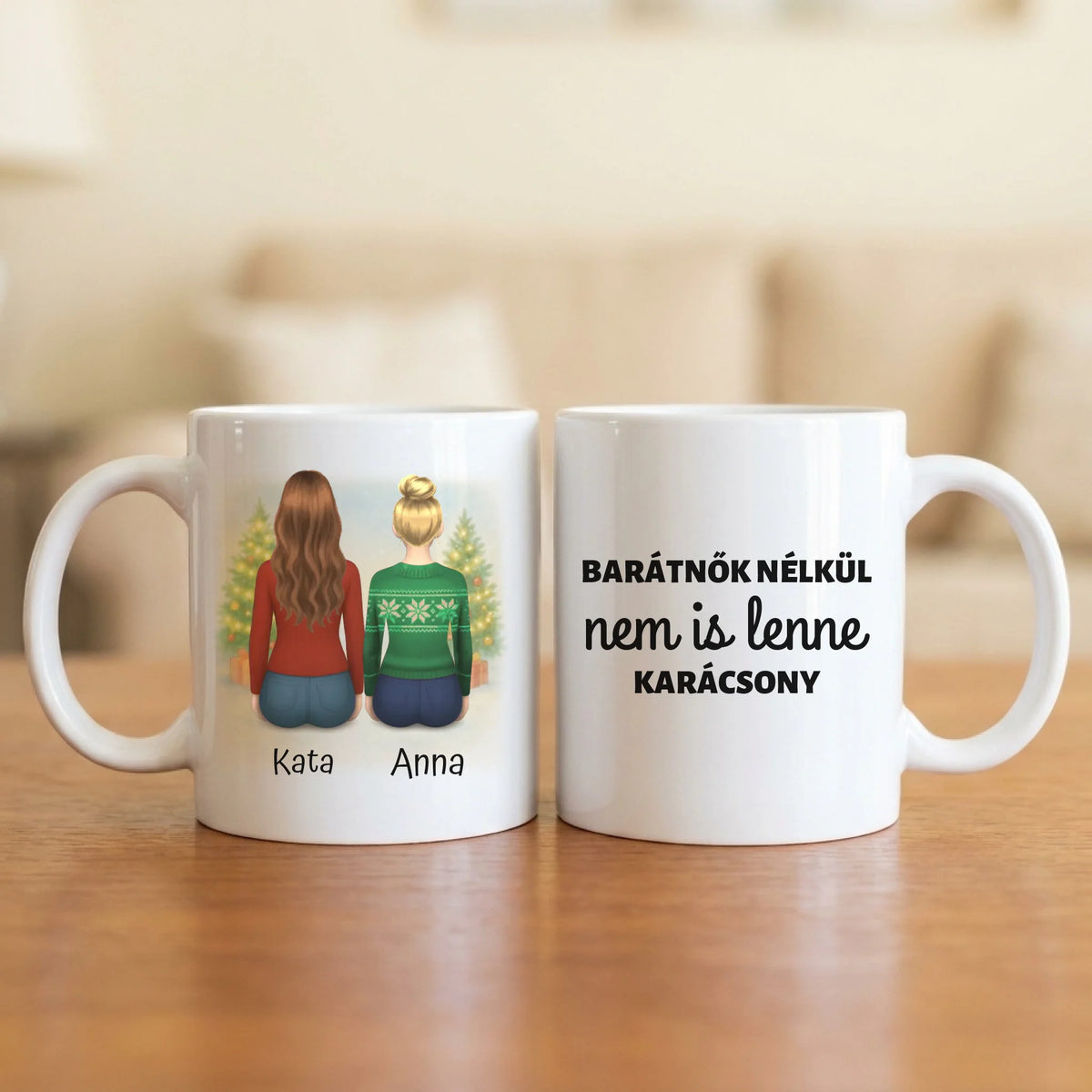 Barátnők nélkül nem is lenne karácsony – karácsonyi barátnős bögre 2–4 hátulról rajzolt nővel, havas fenyőkkel