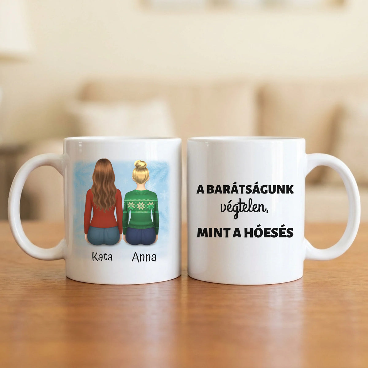 A barátságunk végtelen – téli barátnős bögre 2–4 hátulról rajzolt nővel, hópelyhes háttérrel