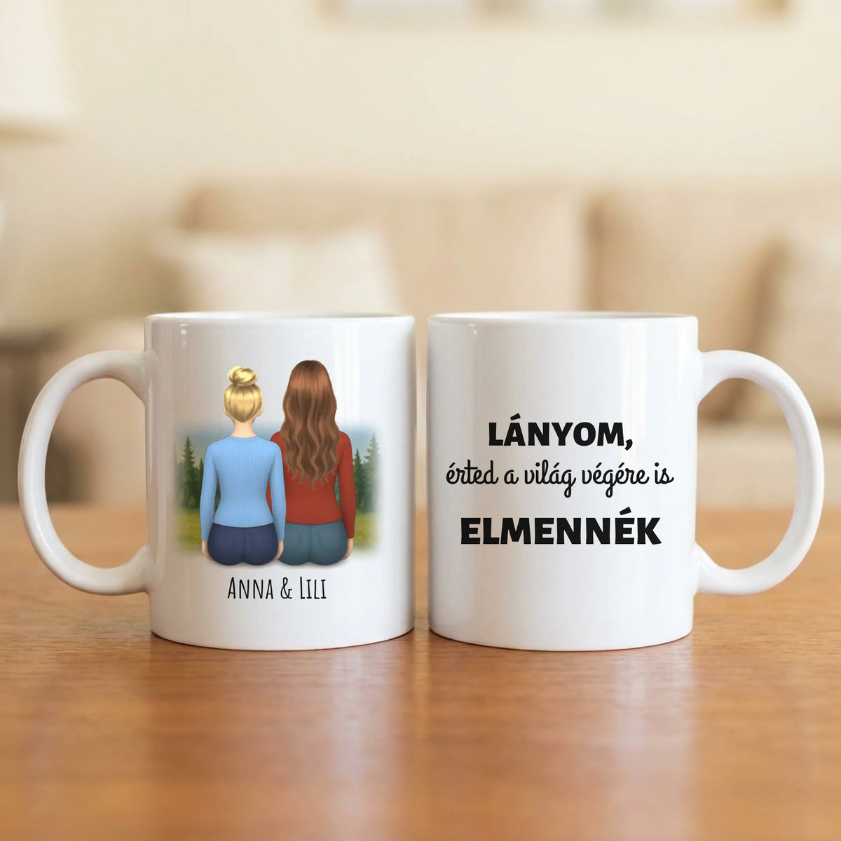 Lányom, érted a világ végére is elmennék – anya–lánya bögre két hátulról rajzolt nővel a hegyi tónál