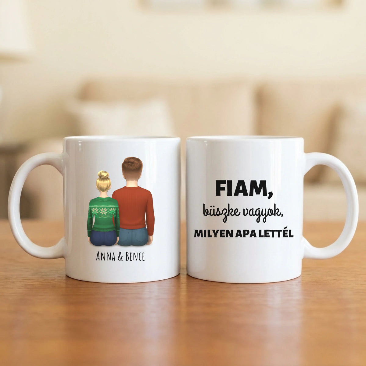 Fiam, büszke vagyok, milyen apa lettél – anya–fia bögre hátulról rajzolt anyával és felnőtt fiával