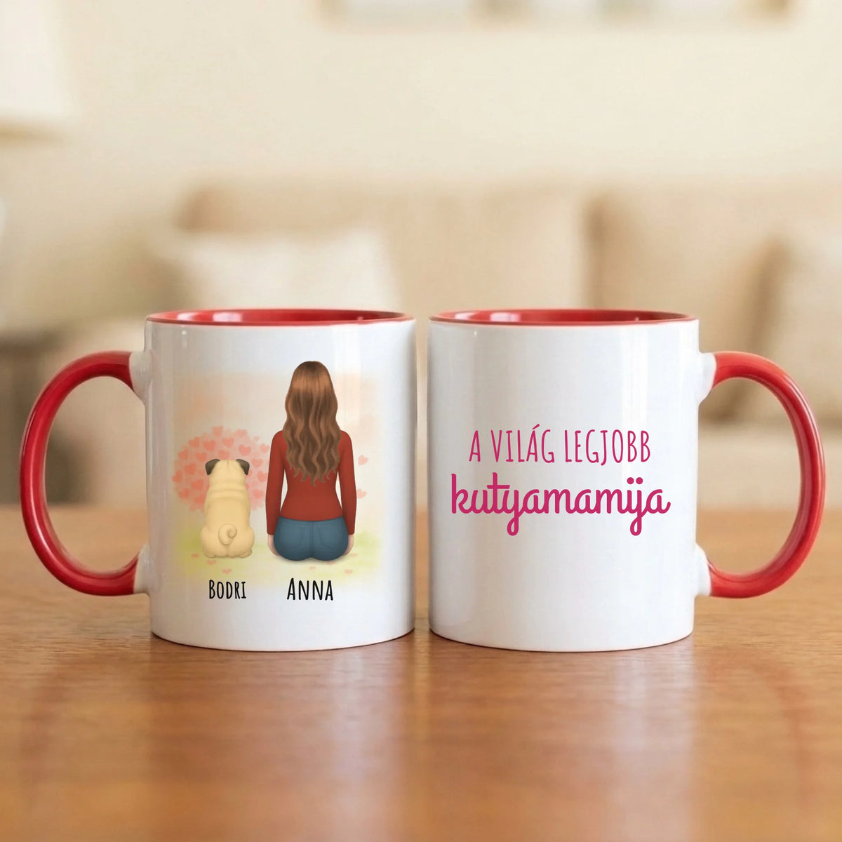 A világ legjobb kutyamamija – bögre 1–4 kutyával, szívfás háttérrel