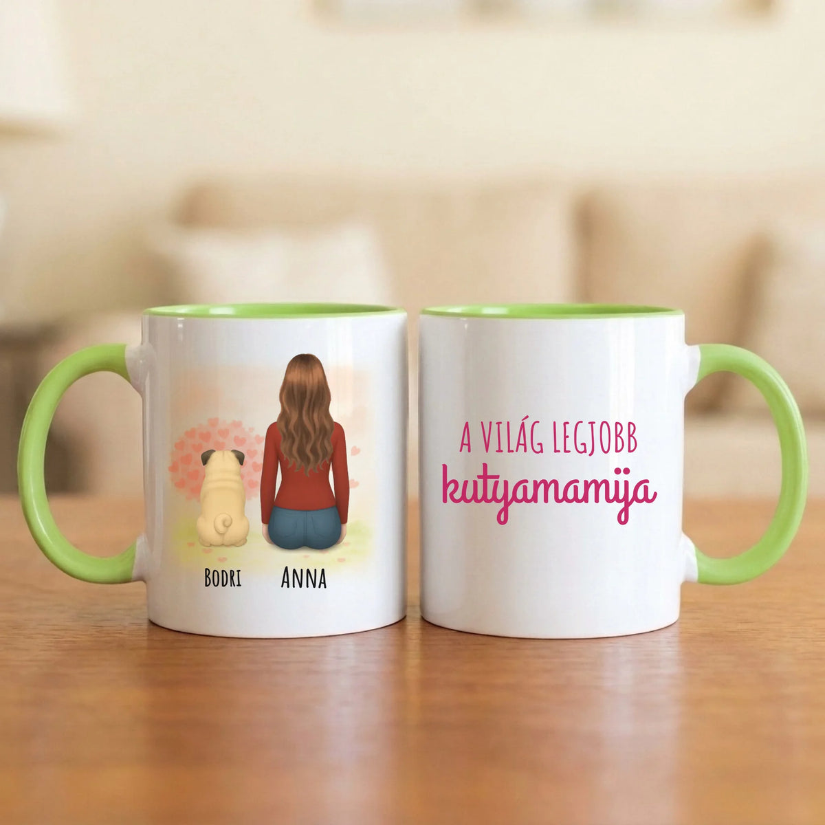 A világ legjobb kutyamamija – bögre 1–4 kutyával, szívfás háttérrel