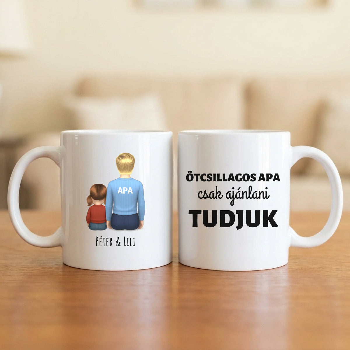 Ötcsillagos apa – csak ajánlani tudjuk – apás bögre hátulról rajzolt apával és 1–4 gyerekkel, felirattal a pulóveren