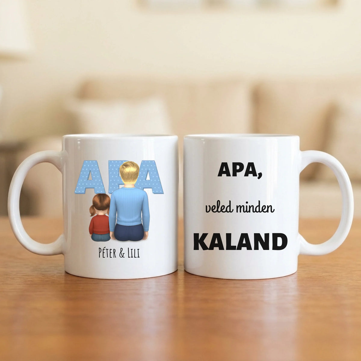 Apa, veled minden kaland – apás bögre hátulról rajzolt apával és 1–4 gyerekkel, nagy APA felirattal
