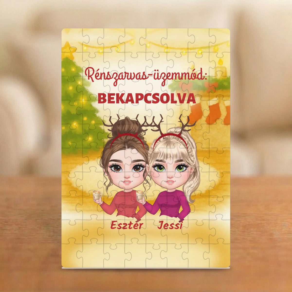 Rénszarvas-üzemmód: bekapcsolva – karácsonyi barátnős puzzle 2–4 figurával és nevekkel