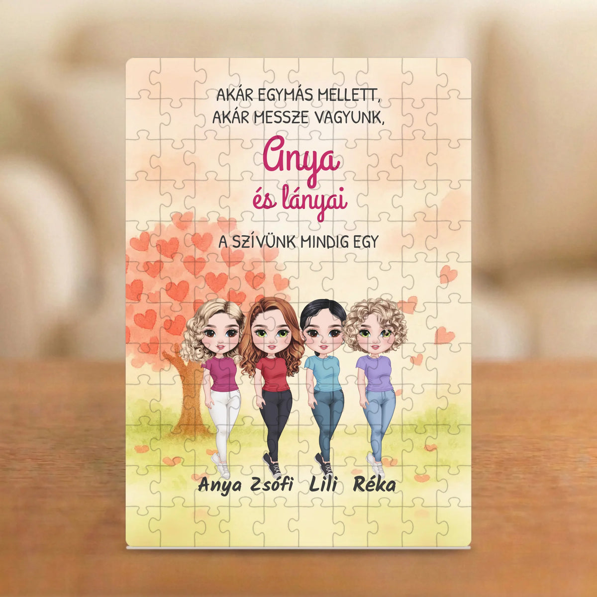 Anya és lánya: ha távol is, egy a szívünk – anya–lánya puzzle 2–4 figurával és nevekkel