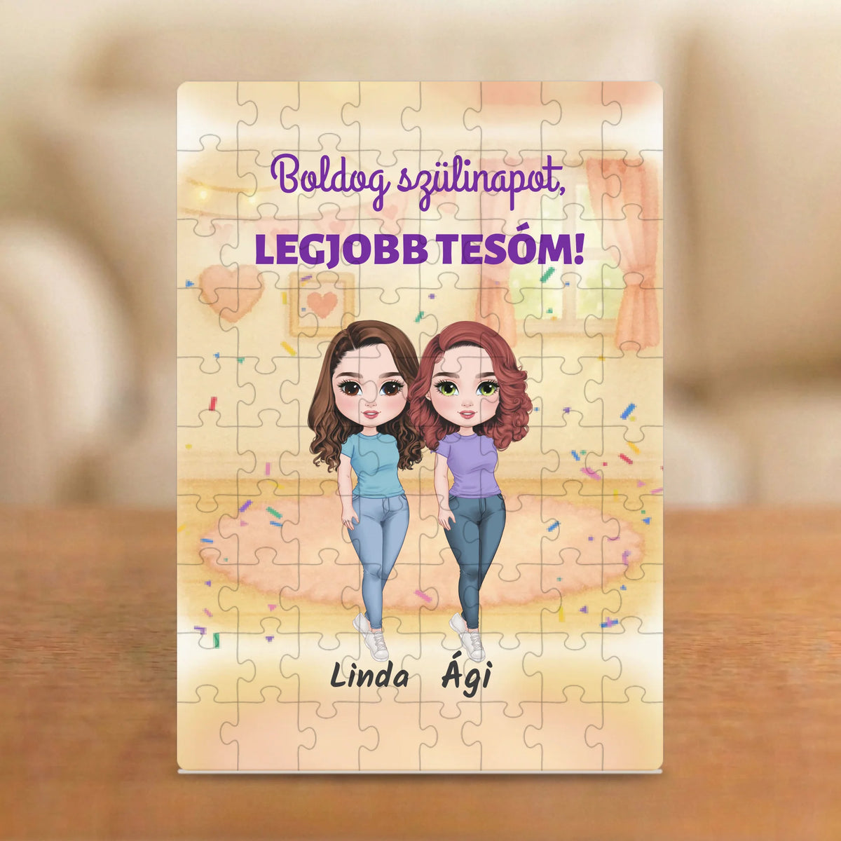 Boldog szülinapot, legjobb tesóm! – szülinapi testvéres puzzle két figurával és nevekkel