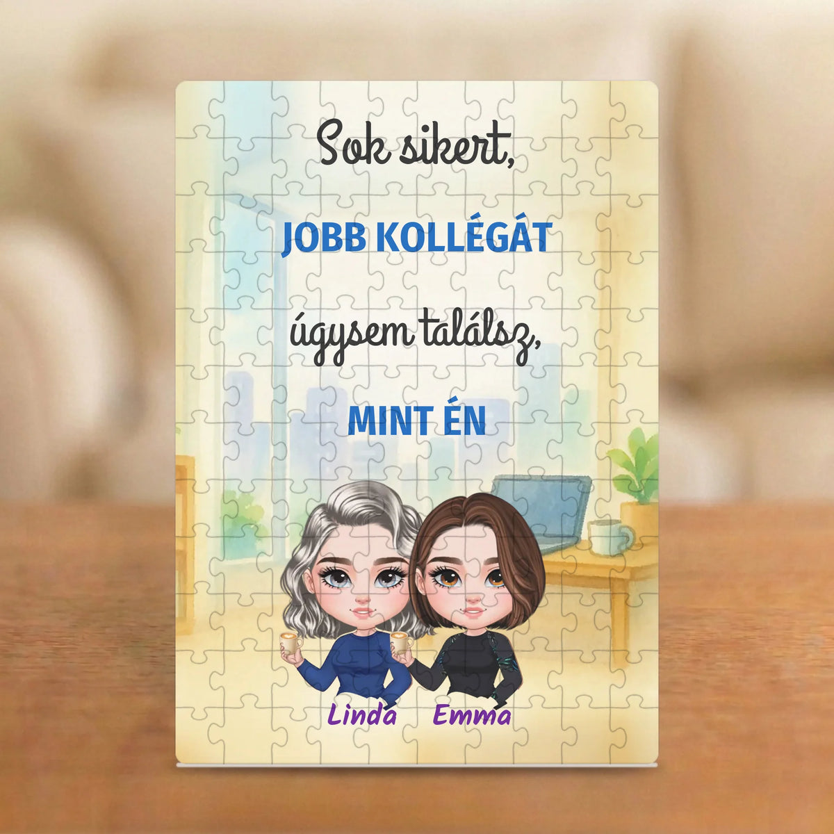 Sok sikert, jobb kollégát úgysem találsz! – búcsúajándék puzzle két figurával és nevekkel