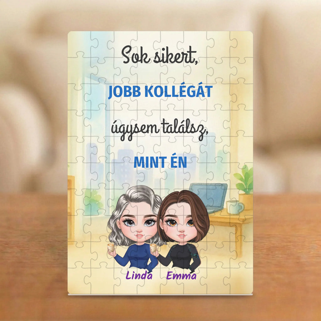 Sok sikert, jobb kollégát úgysem találsz! – búcsúajándék puzzle két figurával és nevekkel