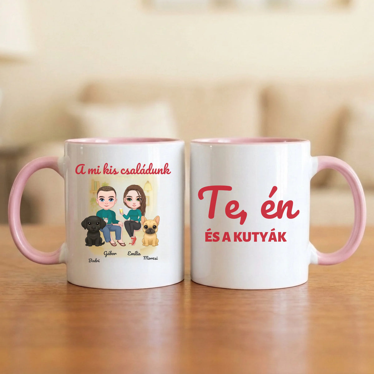 Te, én és a kutyák – páros bögre két figurával, kutyával és nevekkel