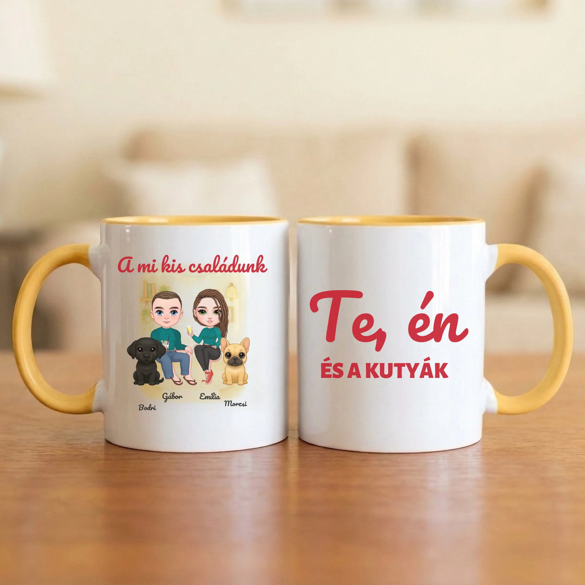 Te, én és a kutyák – páros bögre két figurával, kutyával és nevekkel