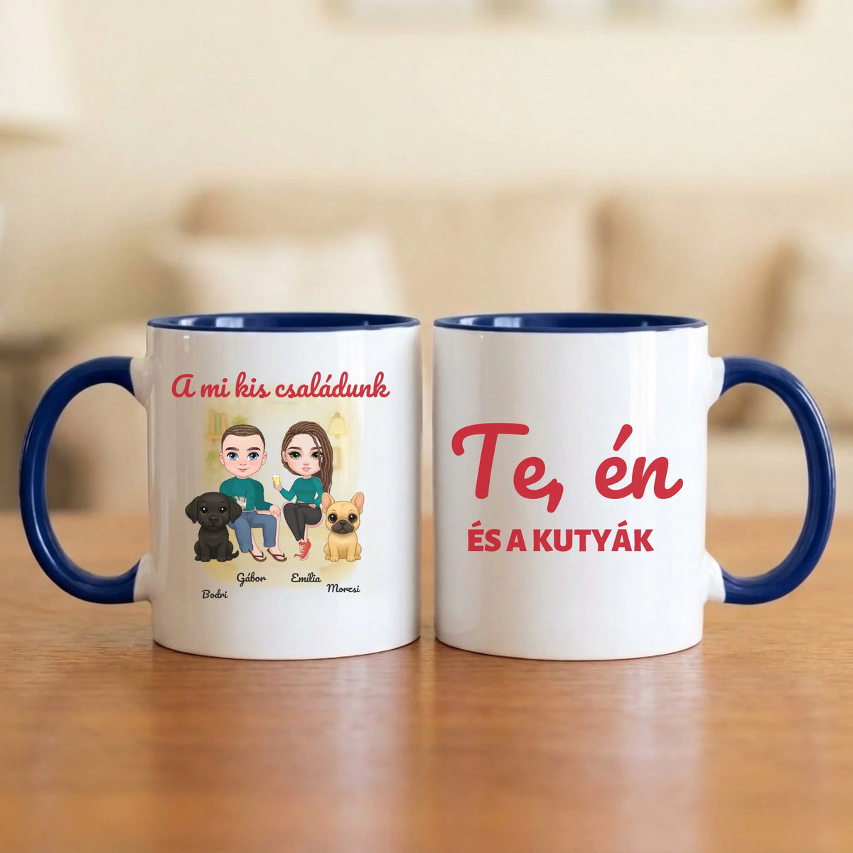 Te, én és a kutyák – páros bögre két figurával, kutyával és nevekkel