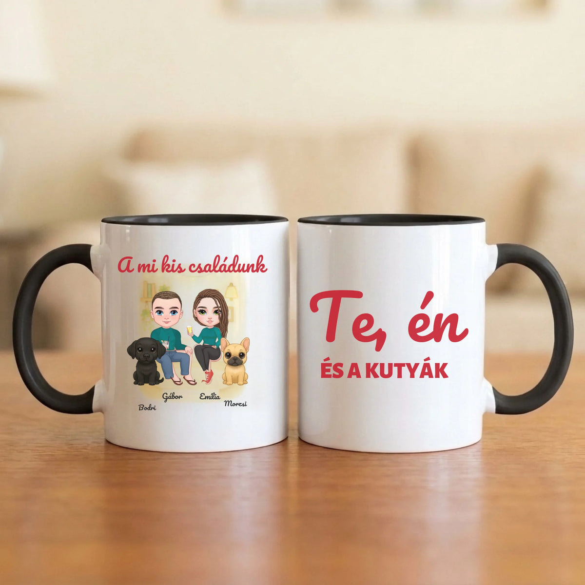 Te, én és a kutyák – páros bögre két figurával, kutyával és nevekkel