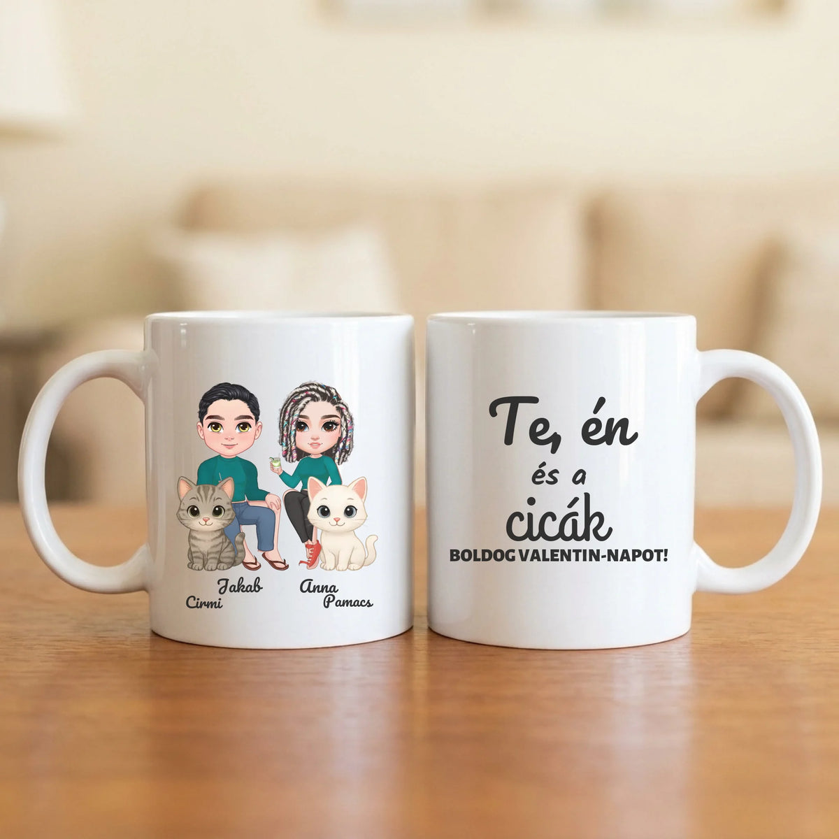 Te, én és a cicák – Valentin-napi páros bögre két figurával, cicákkal és nevekkel