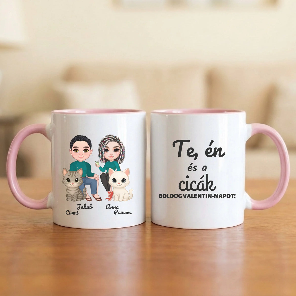 Te, én és a cicák – Valentin-napi páros bögre két figurával, cicákkal és nevekkel