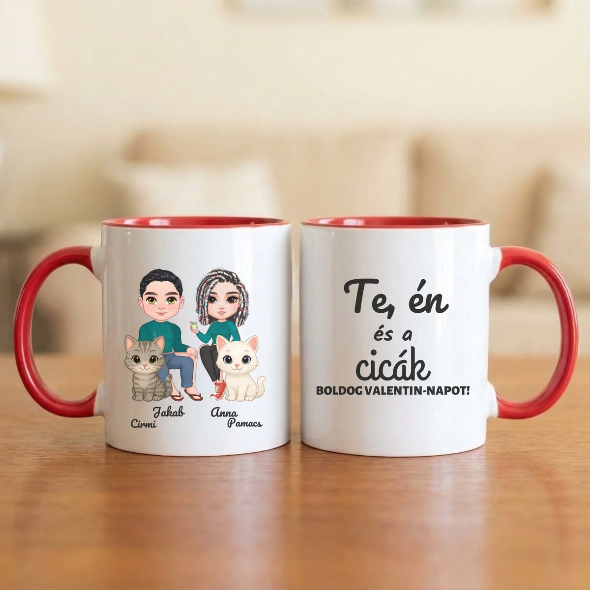 Te, én és a cicák – Valentin-napi páros bögre két figurával, cicákkal és nevekkel