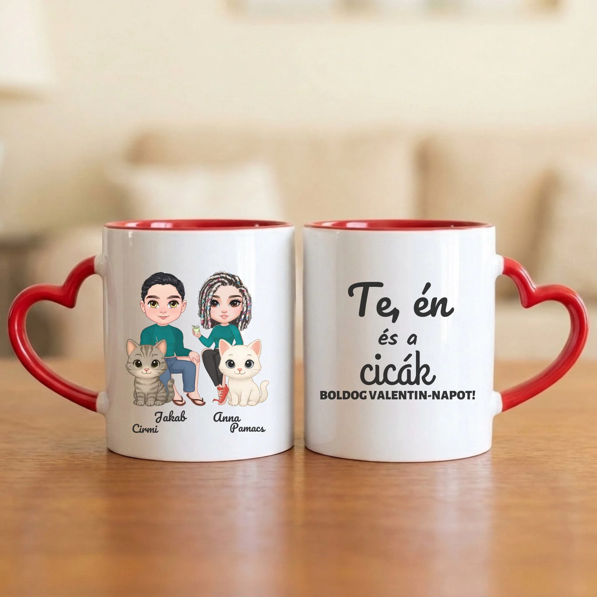 Te, én és a cicák – Valentin-napi páros bögre két figurával, cicákkal és nevekkel