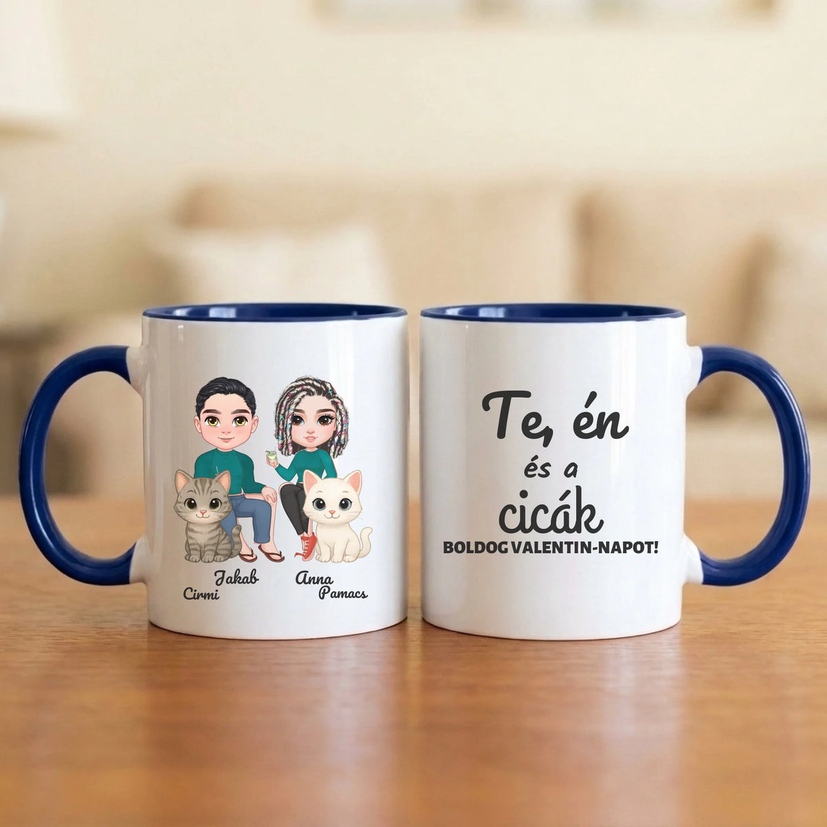 Te, én és a cicák – Valentin-napi páros bögre két figurával, cicákkal és nevekkel