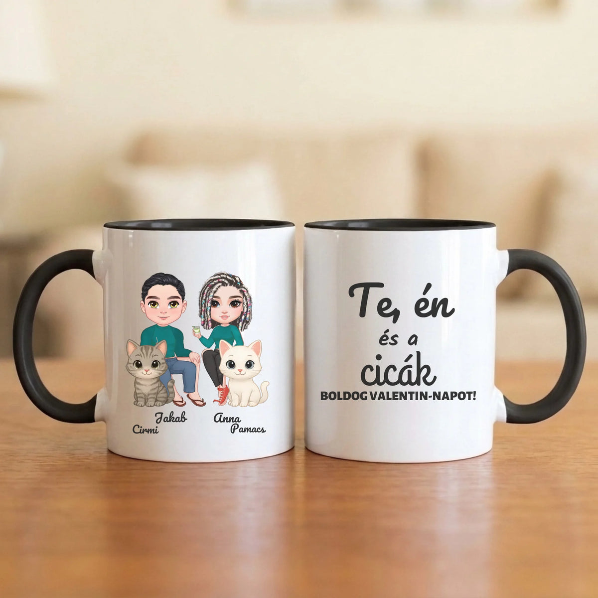 Te, én és a cicák – Valentin-napi páros bögre két figurával, cicákkal és nevekkel