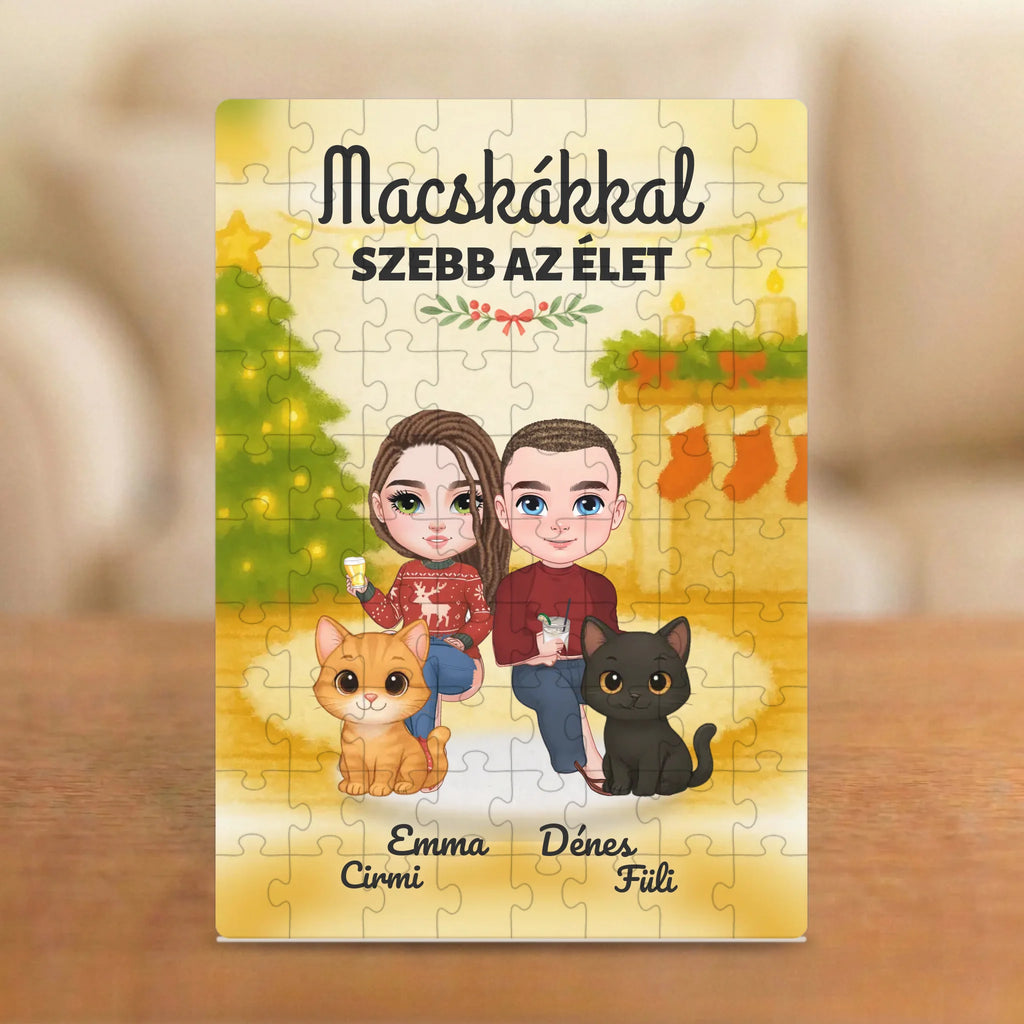 Macskákkal szebb az élet – karácsonyi páros puzzle két figurával, cicákkal és nevekkel