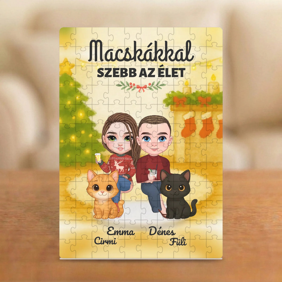 Macskákkal szebb az élet – karácsonyi páros puzzle két figurával, cicákkal és nevekkel