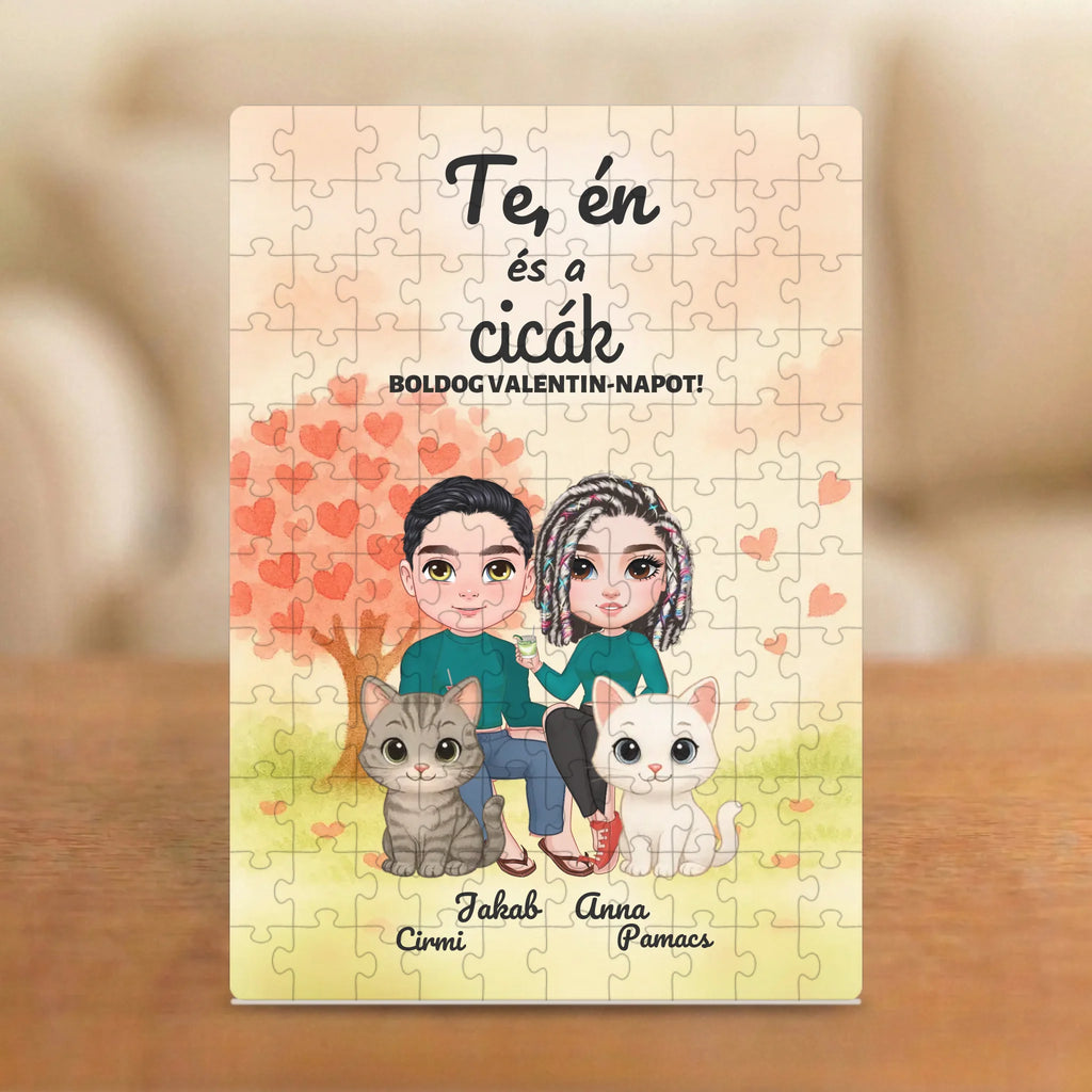 Te, én és a cicák – Valentin-napi páros puzzle két figurával, cicákkal és nevekkel