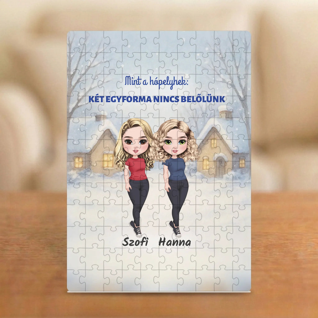 Mint a hópelyhek: két egyforma nincs belőlünk – téli barátnős puzzle 2–4 figurával és nevekkel