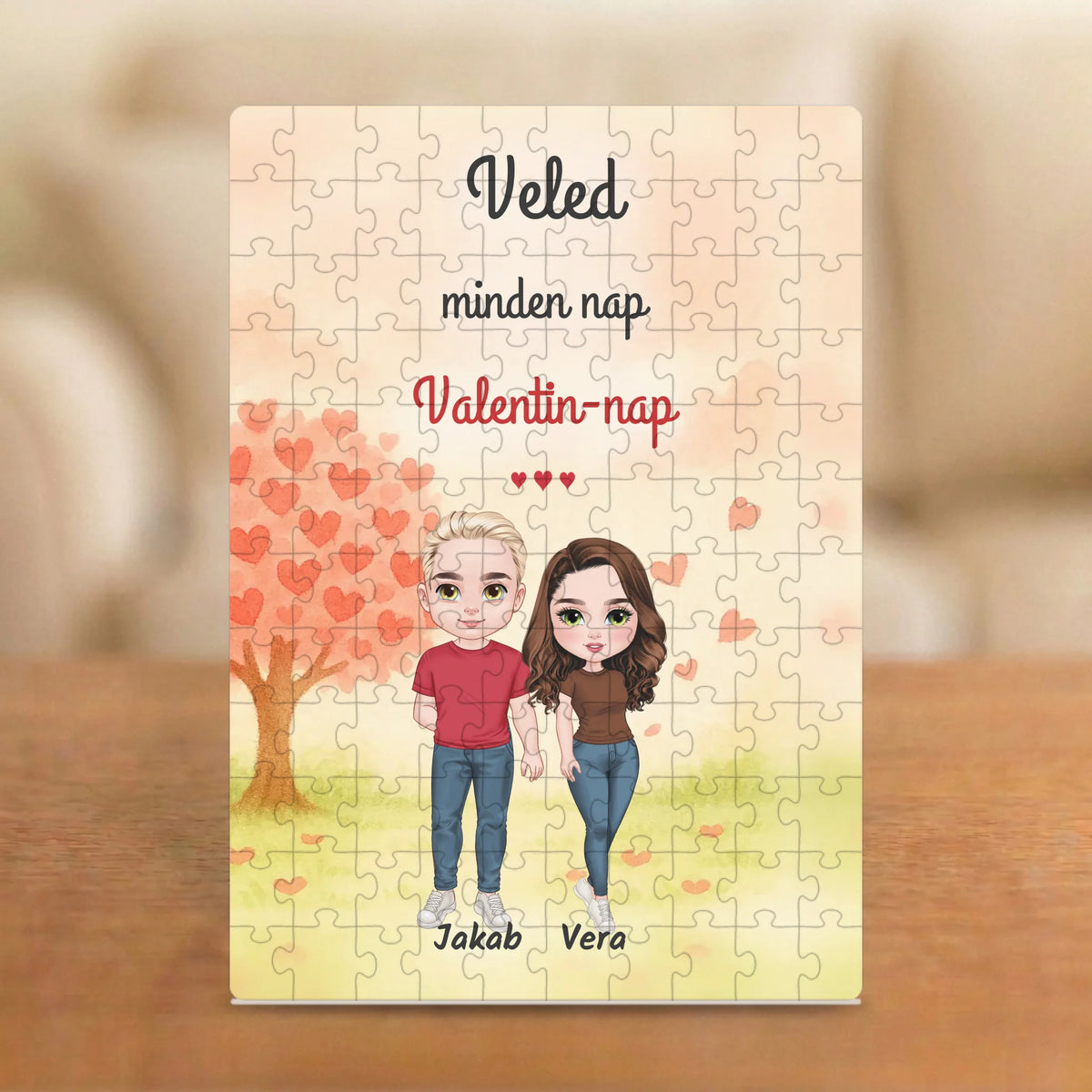 Veled minden nap Valentin-nap – Valentin-napi páros puzzle szívfával, két figurával és nevekkel