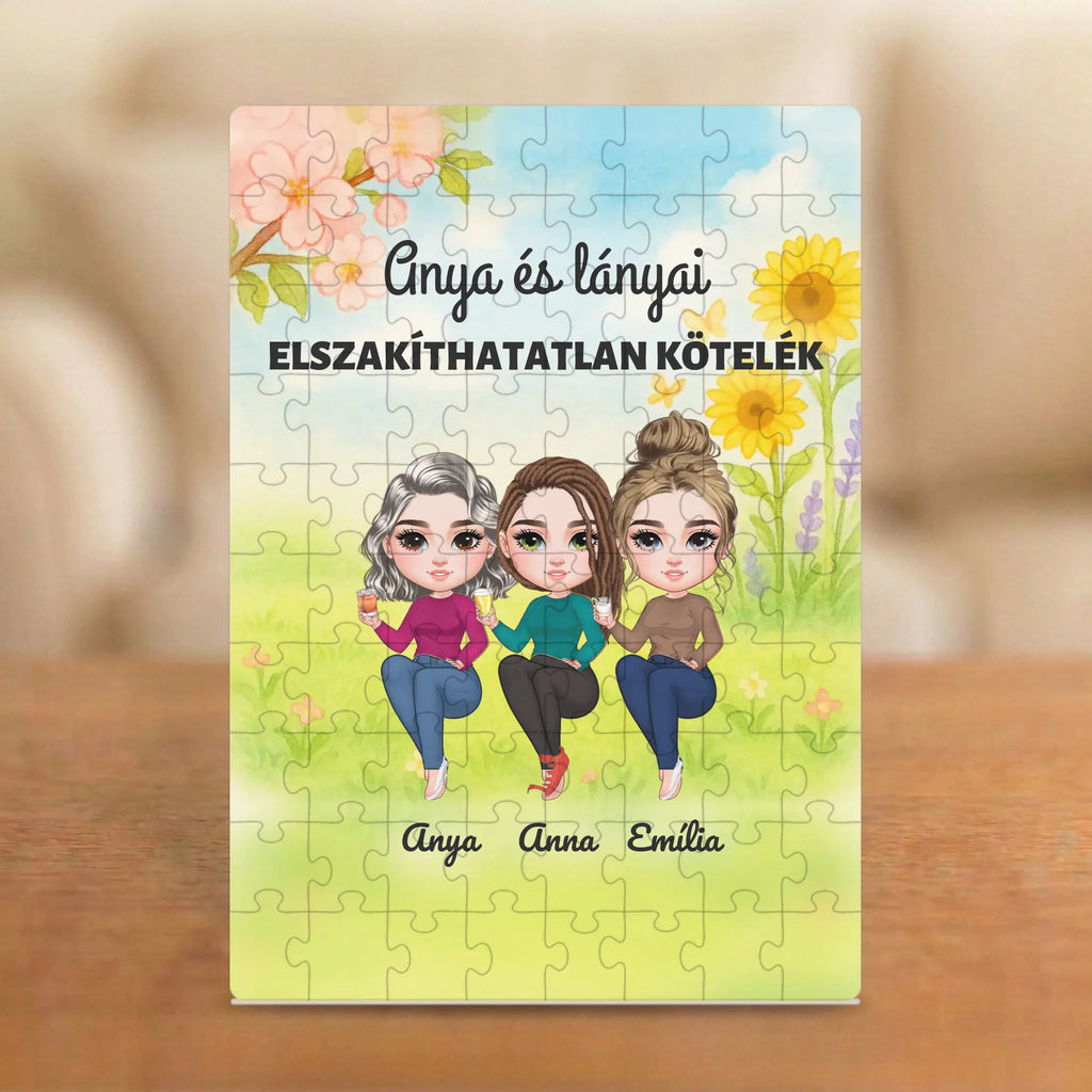 Anya és lányai: elszakíthatatlan kötelék – puzzle anyának 2–5 figurával és nevekkel