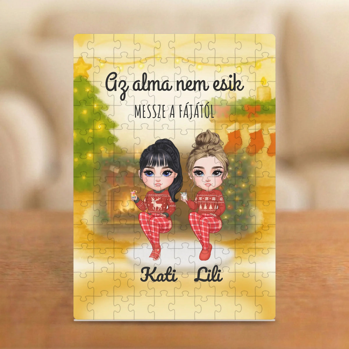 Anya és lánya a kandalló előtt – karácsonyi puzzle két figurával és nevekkel