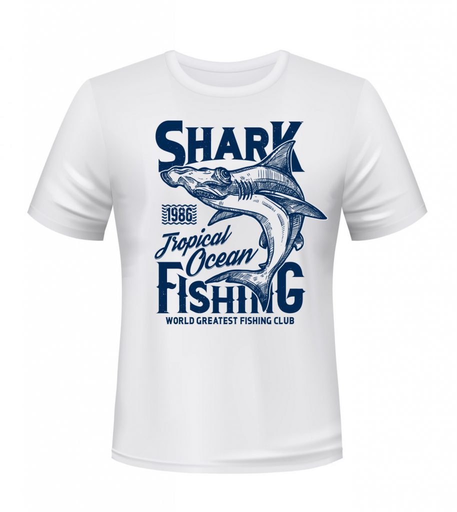 T-shirt print with hammer head shark, vector mascot for fishing or diving club, sketch sea predator animal and blue typography on white apparel template. Ocean adventure team, shark t-shirt mockup